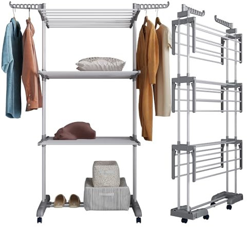 johgee Wäscheständer Turm mit Rollen Faltbarer Boden, Platzsparender Turm Wäschetrockner, Standtrockner Wäscheturm mit 6 Klappbare Flügel und 2 Seitenflügel für drinnen und draußen, Grau