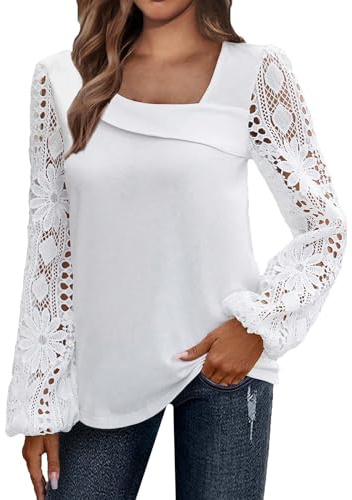 Vetement Femme Ete Manches Longues Dentelle Vetement Femme Ete Tunique Femme Grande Taille Tunique Femme Longue Vintage Chic Et Elegant Tunique Femme Blouse Hauts Outfits Vêtements Blanc M HY623