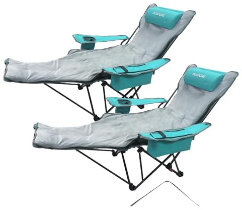 POEPORE Campingstuhl 2er Set Faltbar mit Fußstütze 4-Fach Campingstühle Strandstuhl Liegestuhl für Erwachsene 120kg Klappbarer Angelstuhl mit Kühltasche Wattepad Kissen Getränkehalter Cyan