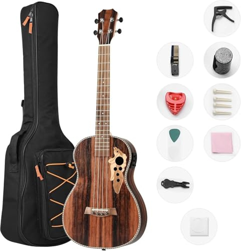 Professional Ukulele 30 All Black Wood Bass Akustik-E-Gitarre Linkshänder-Ukulele Mit Truss Und EQ Mit Gigbag-Gurt Und Nylonsaiten(Left hand)