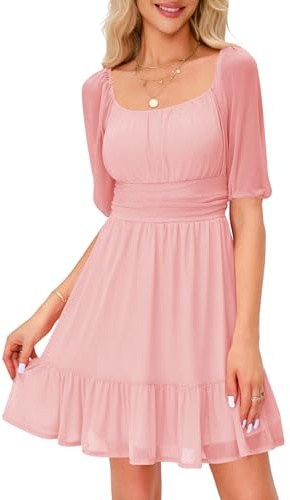 Imily Bela Abito da sera da donna - Scollo quadrato - Mini abito in maglia - Vita alta - Pieghettato - Maniche lunghe - Ospite matrimonio - Con volant, 1-rosa, M