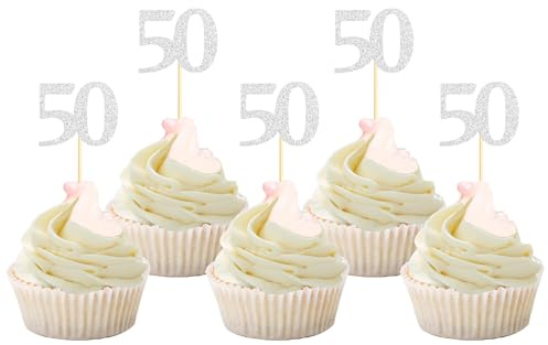 Sotpot Happy 50th Birthday Cheers to 50 Years Cupcake Toppers Silver Glitter 30 pack for 50th Birthday Anniversary Party Decor Supplies