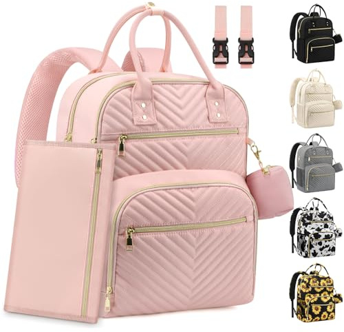 Pritent Wickeltasche, Rucksack, Baby-Essentials, Wickeltasche mit Schnulleretui, stilvoller Reiserucksack für Mädchen und Jungen, Pink, Large (With Extra Layer & Changing Pad), Modern