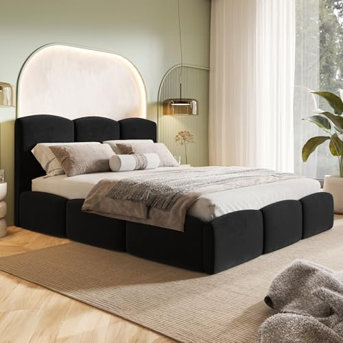 MOTIVENA Cloud Bubble Bett 120x200 Schwarz Samt, mit Stauraum, mit Kopfteil, mit Lattenrost, ohne Füße, mit Matratze H3/H4, Bubble Polsterbett 120x200 mit Bettkasten Schwarz