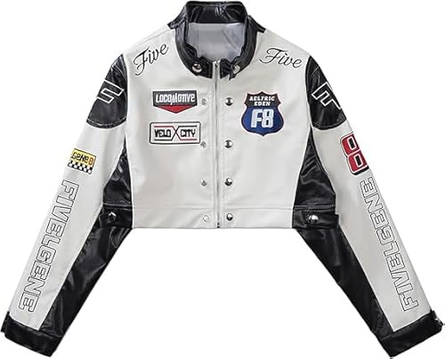 Aelfric Eden Dam konstläderjacka cropped racing jacka dragkedja lapptäcke bokstäver tryck motorcykeljacka Hiphop Y2K streetwear, svart, M