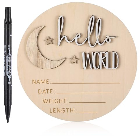 LIQWEI Baby Holz Ankündigungsschilder Mit Schreibstift, 5,9 Zoll Meilensteinkarten Baby Holz Hello World Holzschild Willkommensschild Runde Geburtsanzeige für Schwangere Werdende Eltern