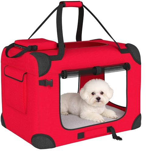 PawHut Transportín para Perros y Gatos Plegable 2 Asas 60x41,5x41 cm Rojo | Transportín para Mascotas, Ventanas de Malla, Cojín Suave, Bolsa de Transporte para Mini Perros