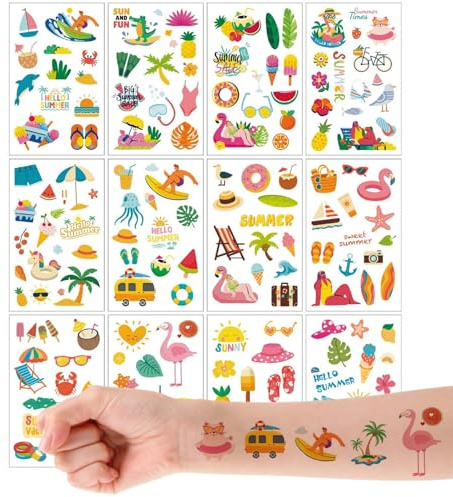 Qpout 12 ark sommar-strand-temporära tatueringar för barn och vuxna, färgglada tropiska Hawaii-klistermärken, flamingo-ananas surf-partygåvor, strand-luau födelsedagstillbehör