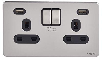 Schneider Electric Ultimate Screwless Flat Plate - Switched Double Power Socket with USB Charging Ports, 13A, GGBGU3424DBSS, Stainless Steel with Black Insert