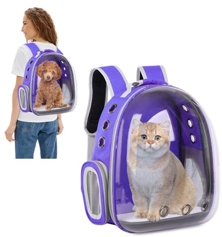 PETCUTE Haustier Katzen Rucksack,Hunde Rucksack für Kleine Katzen und Hunde,Atmungsaktive 360 ° Sichtfeld Hunderucksack mit Raumkapsel Blase Design,zum Wandern, Reisen Lila