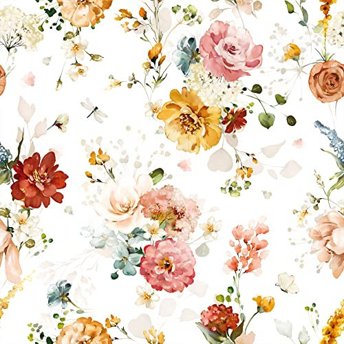 VEELIKE Selbstklebende Tapete Blumen Weiß Blumentapete Vintage Fototapete Schlafzimmer Romantik Möbelfolie Muster Schrankpapier Wand Dekoration Deckentapete Aquarell Klebefolie Blumen 44.5cm×300cm