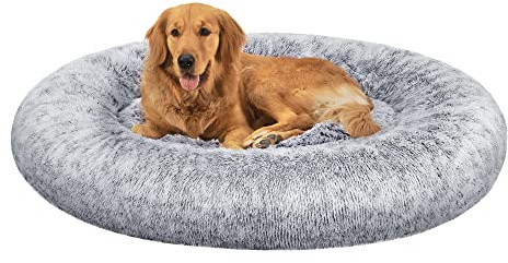 Feandrea fluffig hundsäng, kattbädd, munkkudde, tvättbar, avtagbar mittstoppning, lång plysch, 120 cm diameter, ombre grå PGW043G01