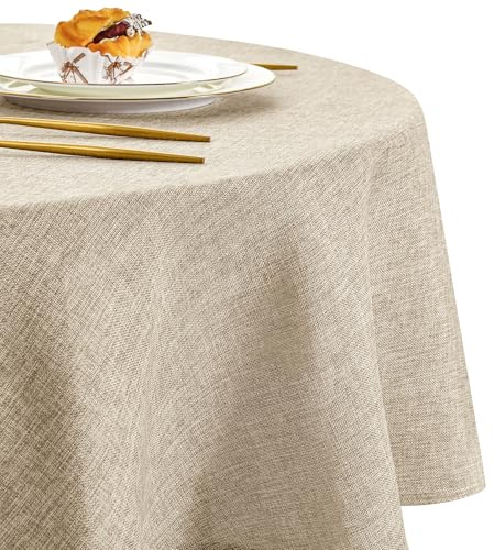 DWCN Leinen Beige Tischdecke Rund 140cm Abwaschbar Wetterfest Waschbar | Gartentischdecke Outdoor Lotuseffekt Wasserabweisend Tischwäsche für Esszimmer, Garten, Party, Hochzeiten, Wohnzimmer, Balkon