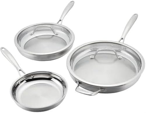 Cuisinart Professional Tryi-Ply Stainless Steel 5-piece Skillet Set. Aluminum Core, and Heat Surround Technology. Include: 3 Skillets 8, 10, 12. 2 lids. Silver.