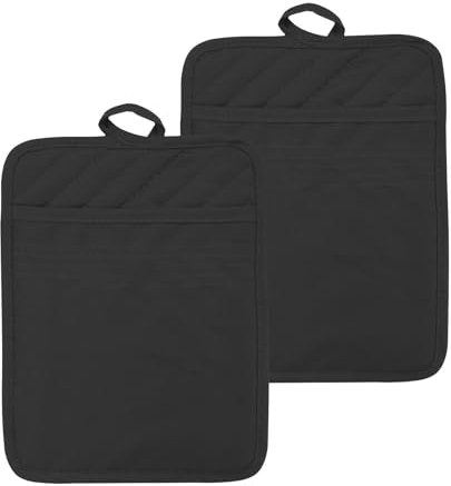 2 presine in cotone con custodia, guanti da forno, resistenti al calore, antiscivolo, colore nero, da cucina, per cuocere e cucinare (23 cm x 18 cm)