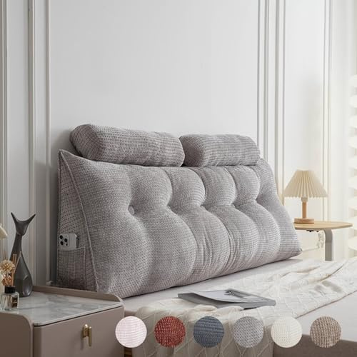 Rückenkissen Bett 200 cm Grau, Cord Bettkissen Rückenlehne mit Nackenrolle, Große Keil Kopfteil Kissen, Dreieckiges Rückenpolster für die Wand, Waschbar Rückenlehnenpolster Bett Rückenstützkissen