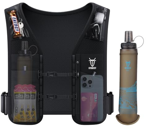 UTOBEST Chaleco para correr de 5 l, ligero, reflectante, para hombres y mujeres, con botella, soporte de teléfono ajustable dual para maratón, correr por senderos y carreras nocturnas, L