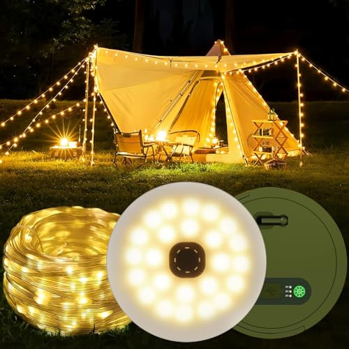 DSGKUU Guirlande lumineuse de camping enroulable, 10 m, 4 en 1, portable, rechargeable, pour l'extérieur, avec 8 modes d'éclairage, étanche, USB, lampe de poche pour tente, randonnée, fête