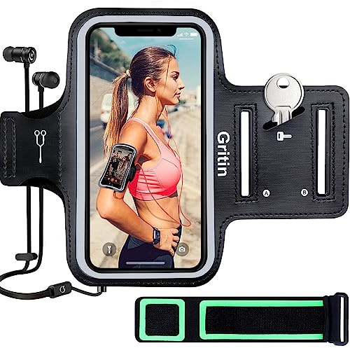 Gritin Running Armband for iPhone 15/15 Pro/14/14 Pro/13/13 Pro/12/12Pro/X, Skin-Friendly Sweatproof Sports Running Armband with Key and Headphone Slot for Phones up to 6.1-Perfect for Jogging, Gym