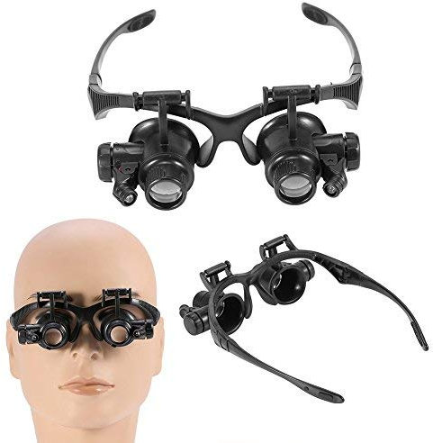 Lupenbrille mit Licht, Hände Frei KopfbandLupe mit 4 Wechselobjektive, Lupenbrille Kopfbandlupe 10X, 15X, 20X, 25X Facher Vergrößerung, Verstellbarem LED Licht Kopflupe Stirnlupe