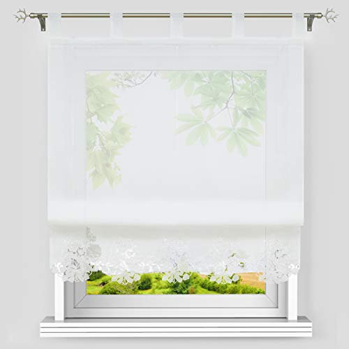 Heichkell Voile Weiße Raffgardine Bestickt Transparentes Raffrollo mit Schlaufen Klassischer Vorhangschal Küche Gardine Blumenstickerei Borte BreitexHöhe 100x155cm