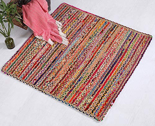 Second Nature Online Mishran - Alfombra trenzada cuadrada ecológica de tejido plano con yute natural y material reciclado multicolor, 150 x 150 cm