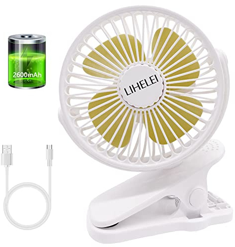 LIHELEI Portable Rechargeable USB Desk Fan - 2600mAh Powerful Airflow Low Noise - Personal Clip On Fan for Baby Stroller, Camping, Home, Office, Travel - White
