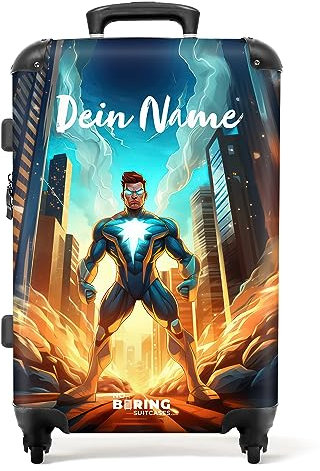 NoBoringSuitcases.com® Koffer personalisiert, Reisekoffer Kinder, 67x43x25cm - Koffer Kinder, Kinderkoffer Jungen - Hartschalenkoffer - Superheld - Mittelgroß mit Rollen - Koffer mit Namen