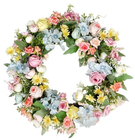 Feidet Artificial Wreath for Front Door, 16 Inch Spring Summer Wreath with Roses and Hydrangeas, Outdoor/Indoor All Season Home Decor, Farmhouse Wedding Wall Decor Gift