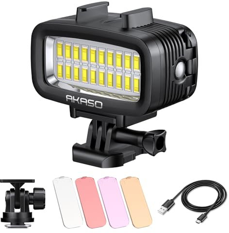 AKASO Lampe sous-Marine 40M Étanche, Lampe de Plongée LED Haute Puissance à Intensité Variable avec Support pour Griffe Froide et 4 Filtres Couleur pour Caméra Sport GoPro/AKASO et Reflex Canon/Nikon