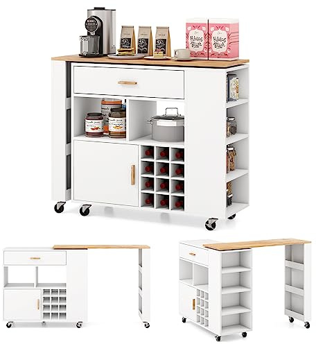 GYMAX Carrello da Cucina con Tavolo da Bar, Isola da Cucina con Piano Girevole, Ripiani Aperti, Portabottiglie, Cassetto e Armadietto, Carrello di Servizio con Ripiano Regolabile in Altezza e 7 Ruote