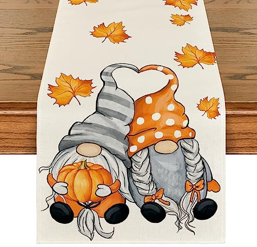 Artoid Mode GNOME Kürbisse Ahornblätter Herbst Tischläufer 40x180 cm | Saisonal Hause Wohnzimmer Tisch Dekoration Drinnen Urlaub Party Dekor