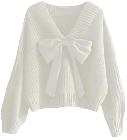 Christmas Sweaters for Women Uk - Womans Christmas Jumpers Elegant Knit Pullover Sweater With Bow Tie Collar For Valentine Day Festive Soft Winter Yarn Top (White XXL)