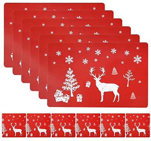 semen 12er Set Platzsets Weihnachten Waschbare PVC Tischset Hitzebeständig Rentier Bedruckte Teller Untersetzer Glasuntersetzer Weihnachtsdeko