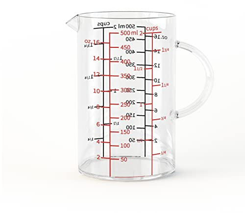 77L Glass Measuring Cup, [Double-Sided Measuring Scale, Insulated handle, V-Shaped Spout], High Borosilicate Glass Measuring Cup for Kitchen or Restaurant, Easy To Read, 500 ML (0.5 Liter, 2 Cup)