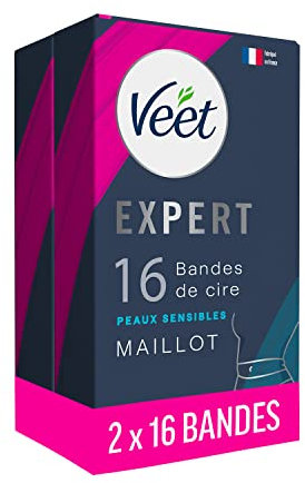 Veet EXPERT - 32 strisce di cera fredda maglia - Pelle sensibile, finitura perfetta, depilazione a lunga durata, confezione da 2 x 16 strisce