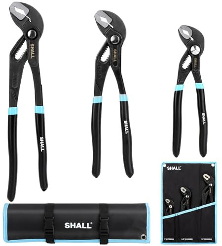 SHALL 3-Piece Groove Joint Pliers Set (12, 9-1/2, 7 Inch), Push-Lock Water Pump Pliers in Cr-v Steel, Fast Adjustable Tongue and Groove Pliers with Tool Roll Bag for Home Repair & Plumbing