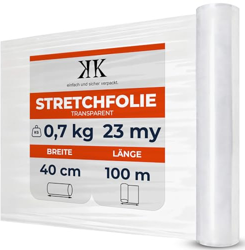 KK Verpackungen Stretchfolie, Transparent, Möbelfolie, Umzugsfolie, 1 Rolle, 40cm x 100m - 23my reißfest & dehnbar, Ideal für Einlagerung & Möbelschutz