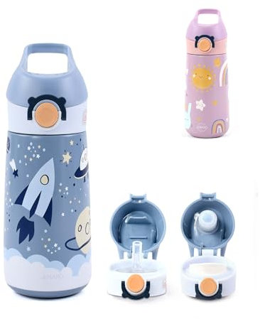 Jenard® Trinkflasche Kinder Edelstahl – auslaufsicher, doppelwandig, BPA-frei, mit 2 Trinkaufsätzen – Thermosflasche für Schule & Kindergarten (Blau/Grau, Weltraum)