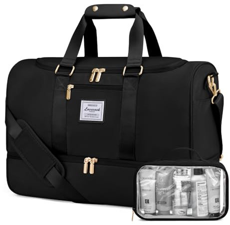 LOVEVOOK Sporttasche Reisetasche Damen, Weekender Damen Reisetaschen mit Kulturtasche, Schuhfach & Nassfach, Wasserdicht Gym Bag Travel Bag, Handgepäck Tasche für Sport Reise Flugzeug, Schwarz