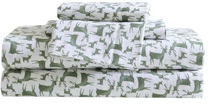 Eddie Bauer - Sábanas Queen, Juego de Ropa de Cama de Franela de algodón, Cepillado para Mayor suavidad, decoración acogedora del hogar, Certificado Oeko-Tex (Deer Camp Green, Queen)