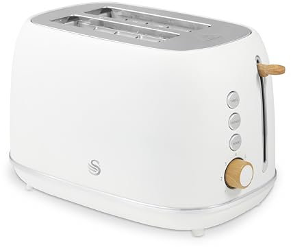 Swan Fjord 2 Slice Toaster with 7 Browning Levels for Toast, Bagels, Breakfast Muffins, Defrost/Reheat/Cancel, Removable Crumb Tray, Non-Slip Feet, 800W, White with Wooden Accents, ST19030WHT