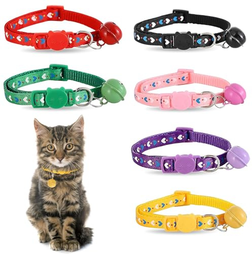 Katzenhalsband, Katzenhalsband mit Glockenmuster, reflektierend, Schnellverschluss, verstellbar, 19–32 cm, für alle Kätzchen, 6 Stück