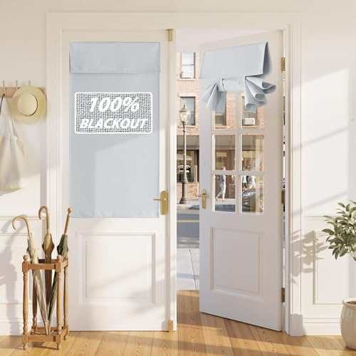 RYB HOME 100% Blackout Linen French Door Curtain - Home Decor No Drill Door Curtain for Front Window, Thermal Insulated Privacy Blinds with 2 Adhesive Tapes, W 26 x L 40, 1 Panel, Greyish White