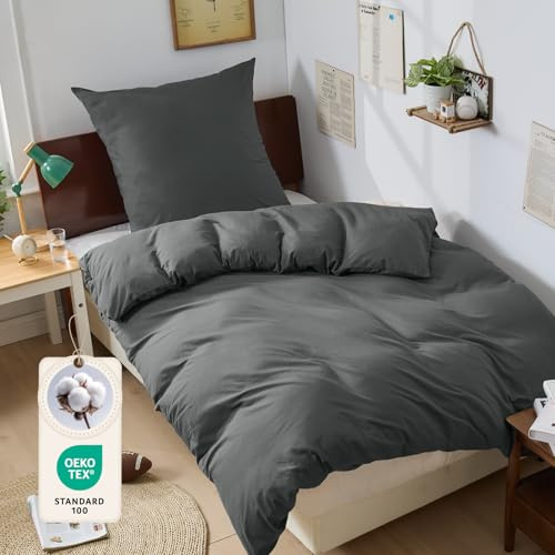 BEDELITE Bettwäsche 135x200 Baumwolle 2teilig mit Kissenbezug 80x80 | Bettbezug 135x200 + Kopfkissenbezug 80x80 mit Reißverschluss, Oeko-TEX Bettwäsche-Sets weiche und atmungsaktiv, Dunkelgrau