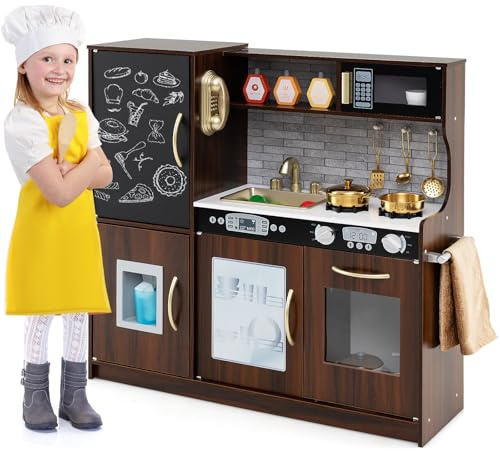 HOMASIS Cocina de Juguete con 10 Accesorios, Cocina Infantil de Madera con Pizarra, Fregadero, Horno, Microondas, Heladera, Teléfono y Sonidos Simulados, para Niños de 3+ Años, 82x24x80cm (Marrón)