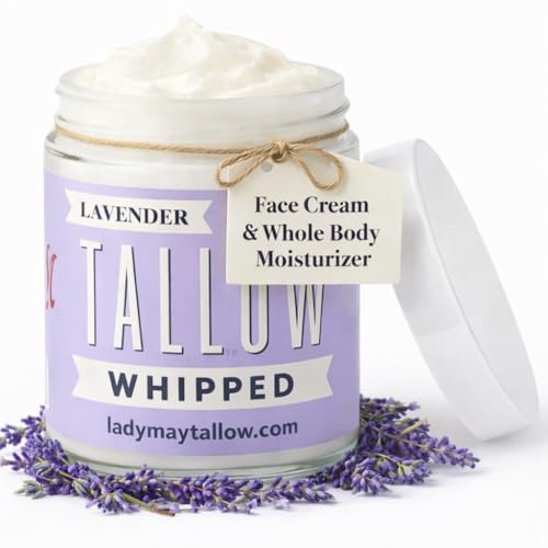 Lady May Tallow Whipped Tallow 24oz - All Natural Face Cream and Whole Body Moisturizer for Dry Skin - Made with Scented Oil Blend - No Preservatives, Parabens or Seed Oils - USA Made (Lavender)