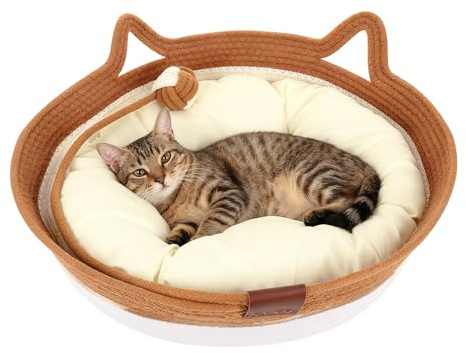 Zocipro Panier pour Chat en Corde de Coton avec Coussin, 46x46x16 cm Grand Lit Rond Lavable pour Chats avec Balle de Jeu en Corde de Coton