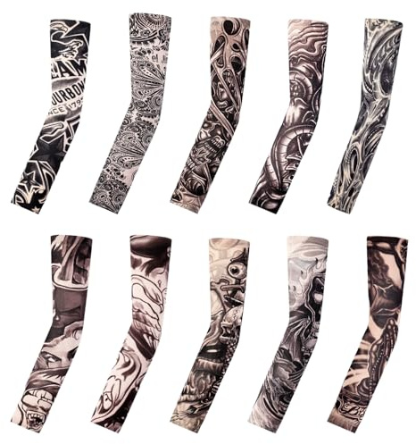 10 Pcs Tattoo Sleeves for Men,Fake Tattoos Temporary Cool Sleeve Art Arm Cover Up Hip Hop Sun Block Nylon Elastic Stockings,for Kids Adults Women Summer Sunscreen Supplies Halloween Festivals Dress
