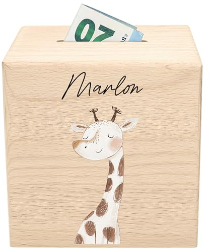 Spardose für Kinder Giraffe personalisiert Safari Tiere Sparbox aus Holz Sparschwein mit Schlüssel Taufgeschenk für Jungen & Mädchen Holzspardose